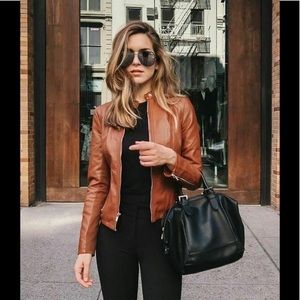 NOORA 100% Genuine Leather Moto Jacket - Tan